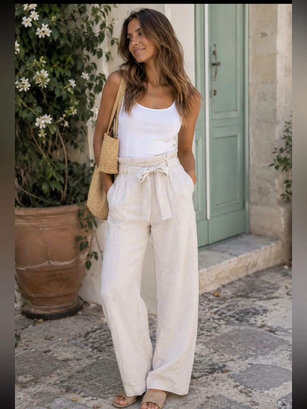 Mango MNG 100% Linen Beige High Rise Wide Leg Tie Waist Pants Medium